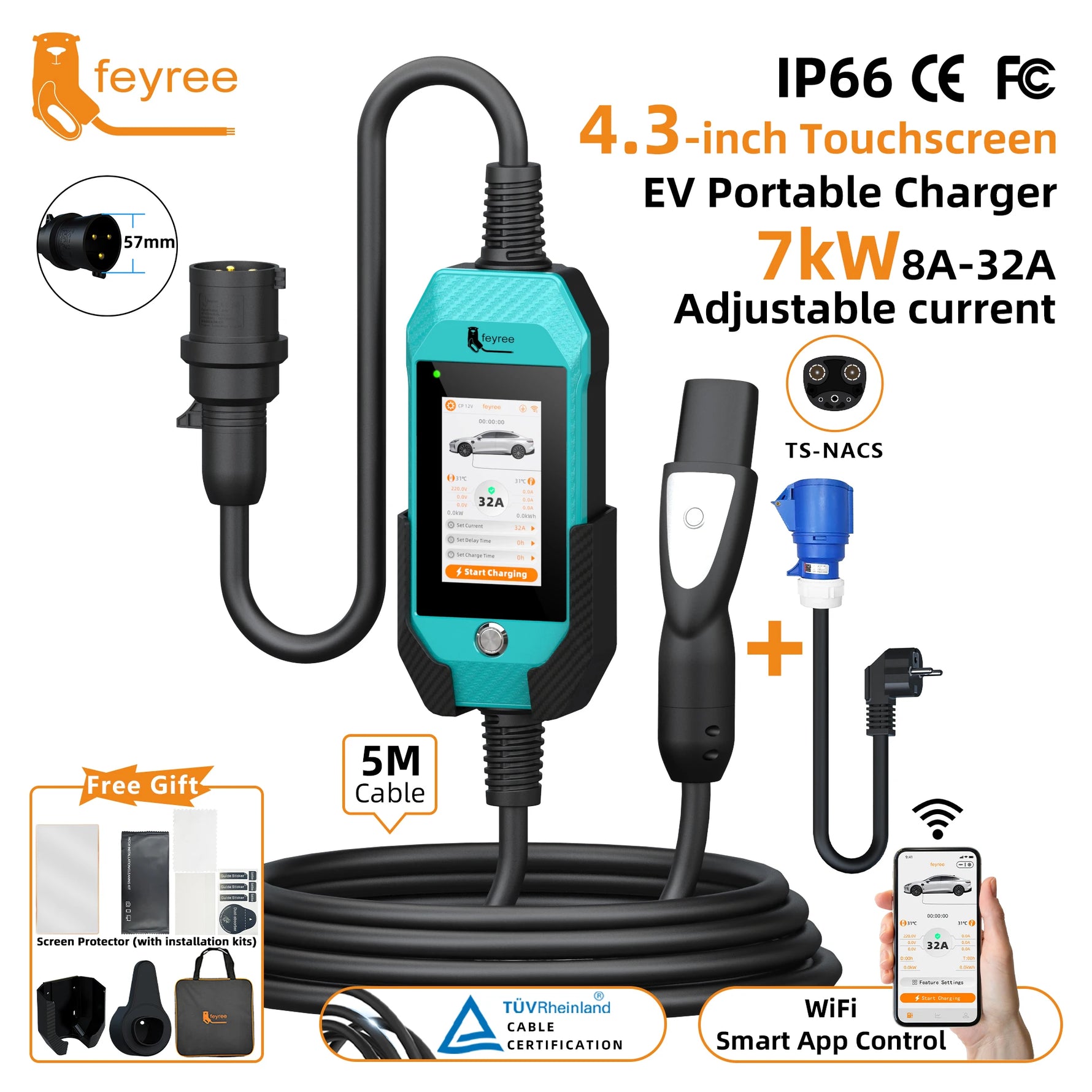 feyree 4.3 Inch Touch Screen Portable EV Charger | 7kW 32A Smart WiFi for Tesla additional angle