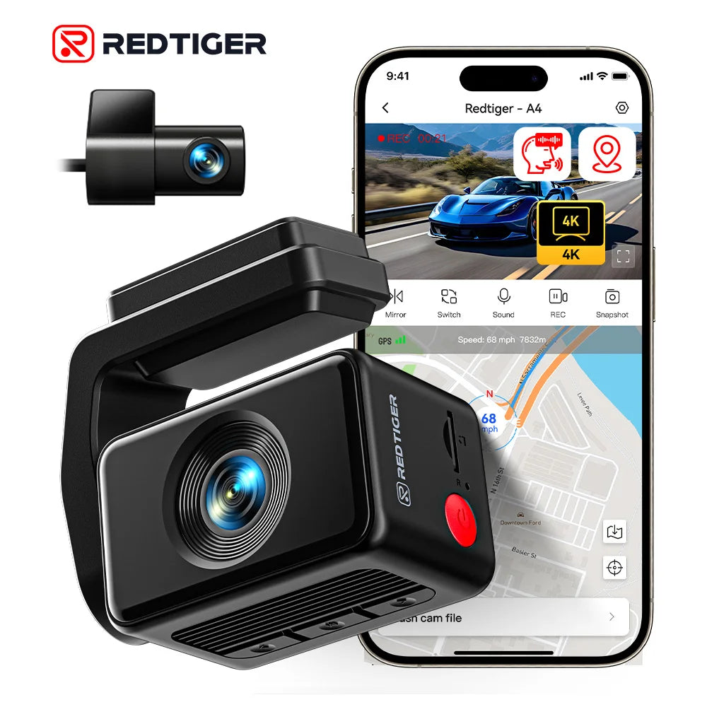 REDTIGER A4 Dash Camera Front and Rear 4k Dash Cam  Drive Recorder for WiFi GPS Car Dvr for 24H Parking Mode Black Box for Car