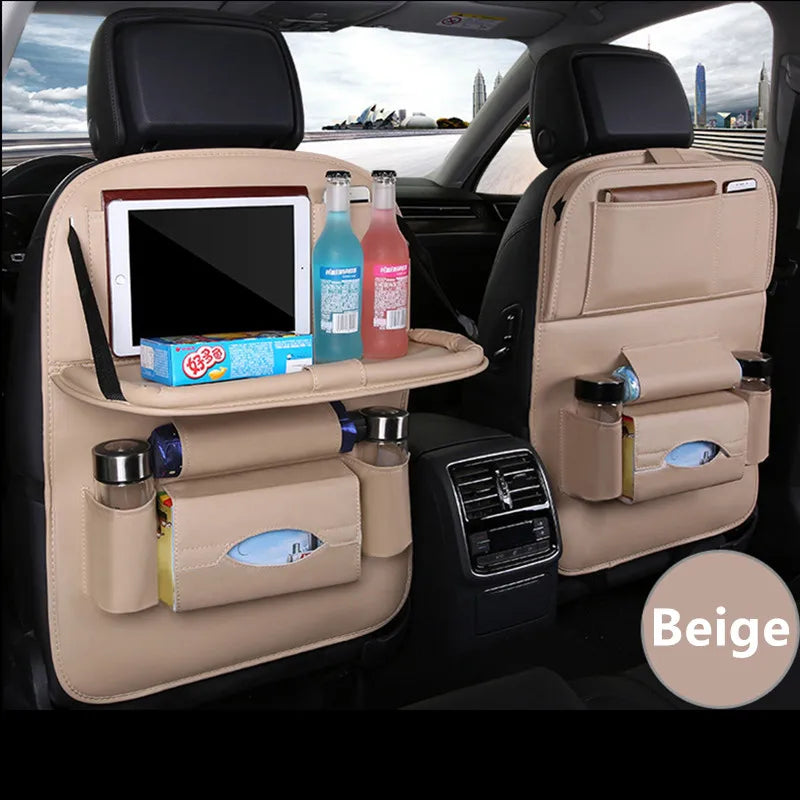 Car Seat Back Organizer PU Leather Foldable Table Tray with Storage Pockets And Kick Mat detail view