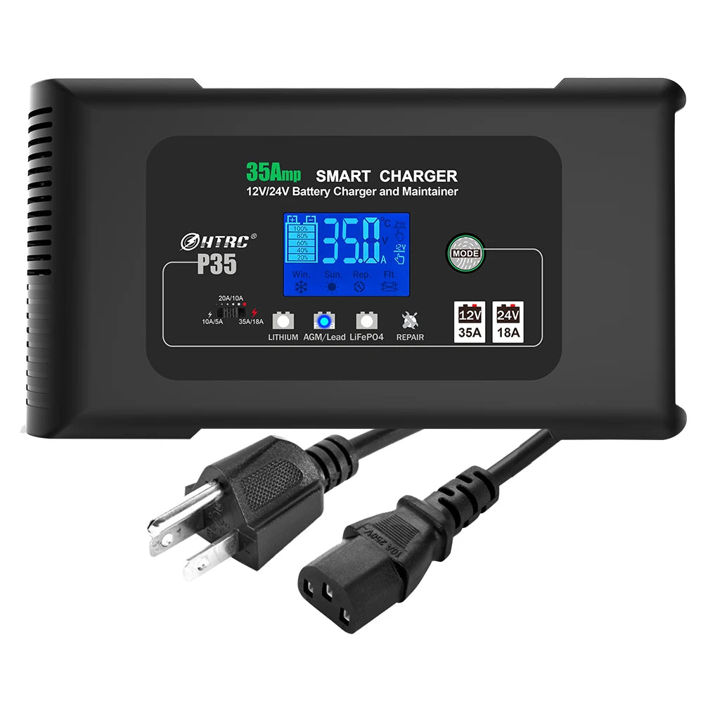 HTRC Large Power 35A 12V 24V Car Battery Charger for Auto Moto Truck Motorcycle AGM Lead Acid PB GEL LCD Display Smart Charging