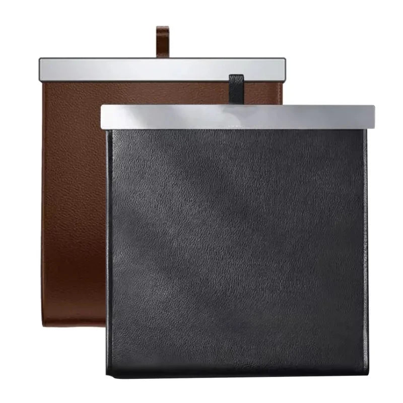 Car Trash Bag Leather Front-Row Hanging Garbage Bin Foldable Waterproof Storage Bucket close-up view
