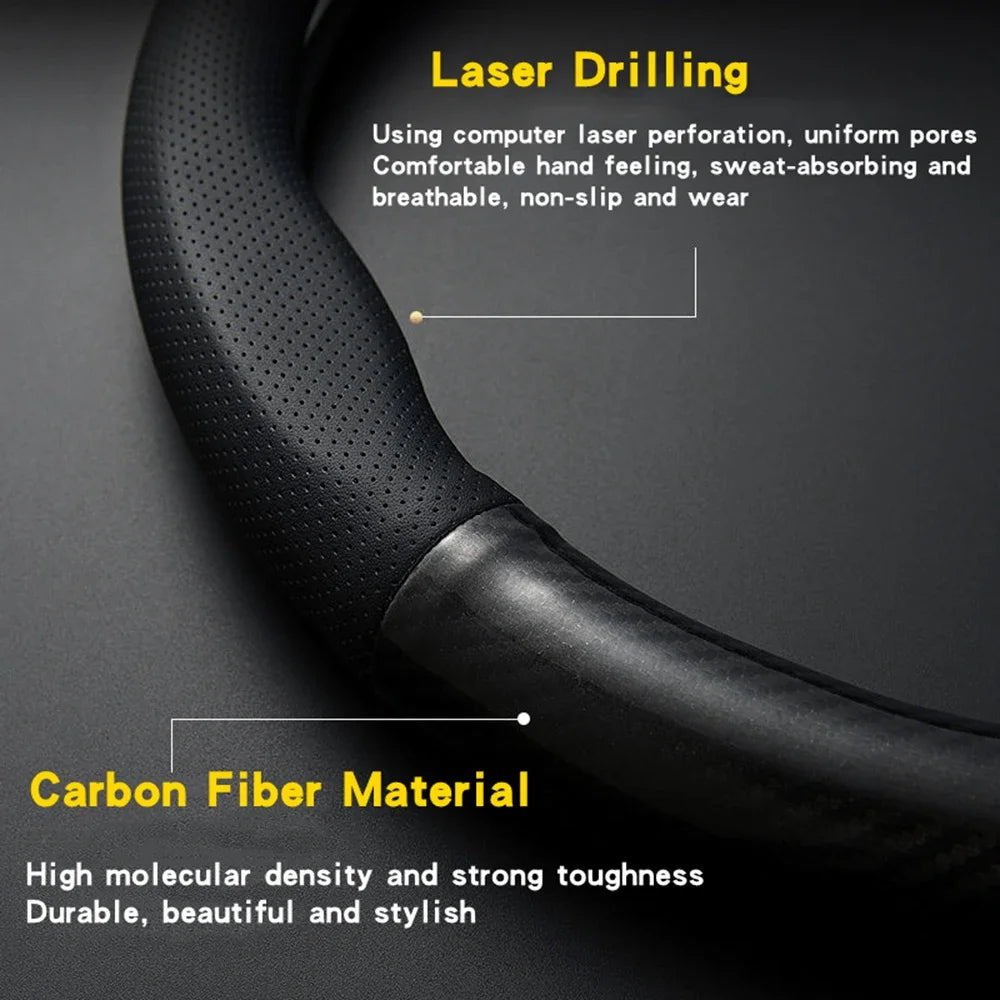 38mm Steering Wheel Cover Carbon Fiber Leather Non Slip Grip Universal Fit for Most Cars detail view