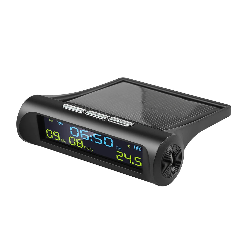 Solar Car Digital Clock with LCD Time Date and Temperature Display | TPMS Look Auto Inte detail view