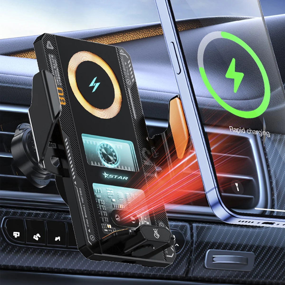 Car Phone Mount With Wireless Charger 66W Magnetic Charging Holder Car Automatic Clamp close-up view