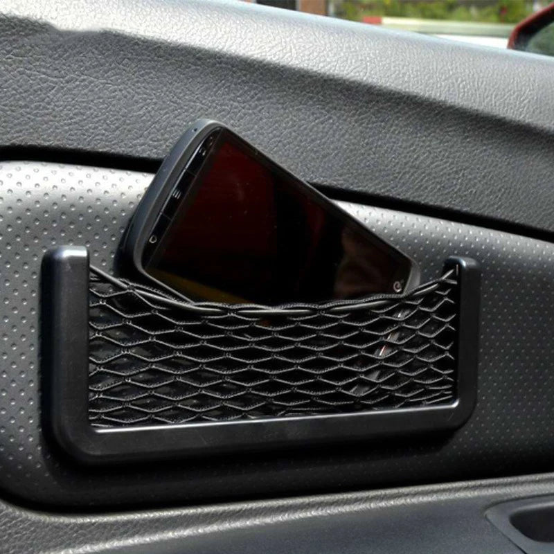 Car Organizer Storage Bag Auto Paste Net Pocket Phone Holder Car Accessories Interior close-up view