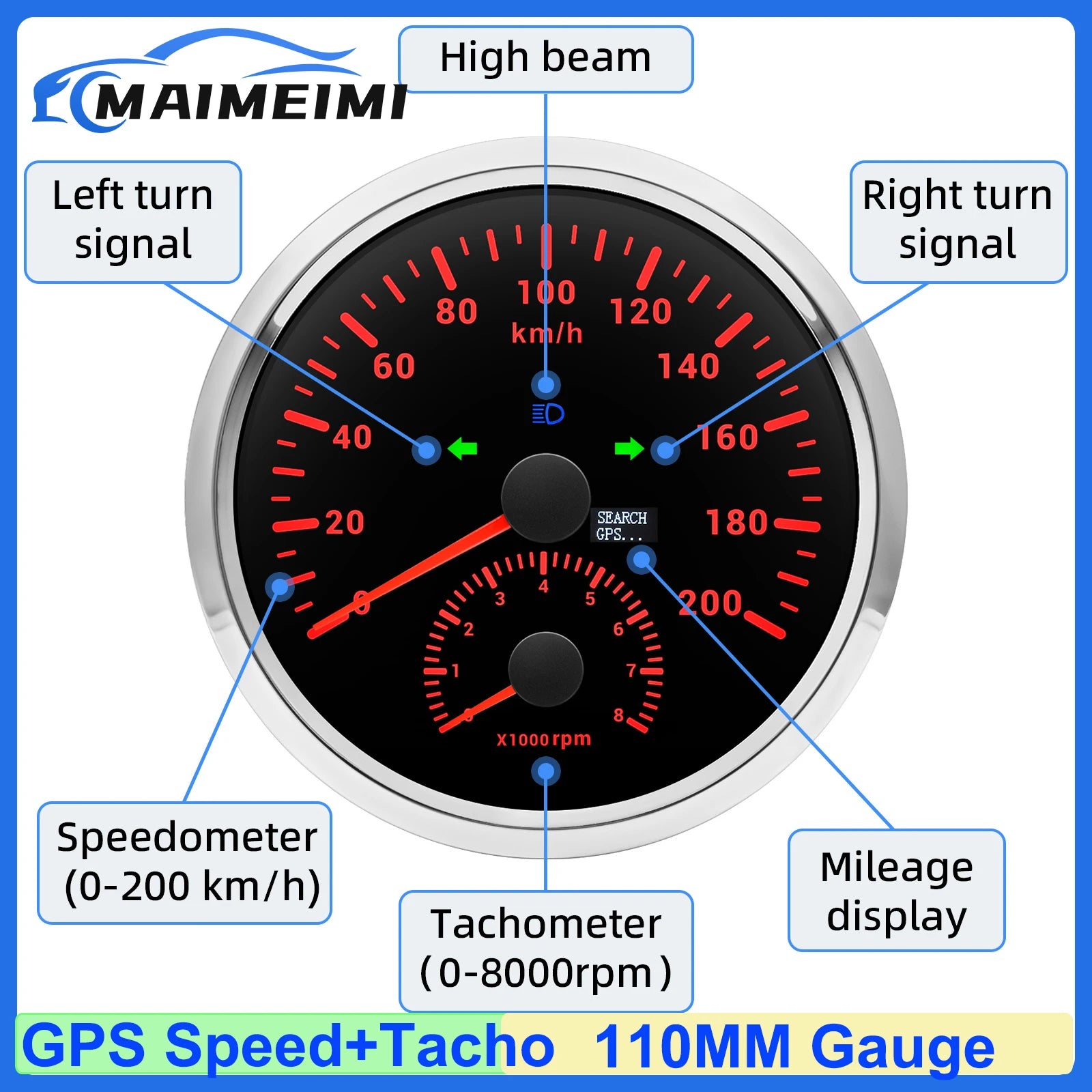 GPS Speedometer and Tachometer Combo | 2 in 1 110mm Gauge with GPS Antenna