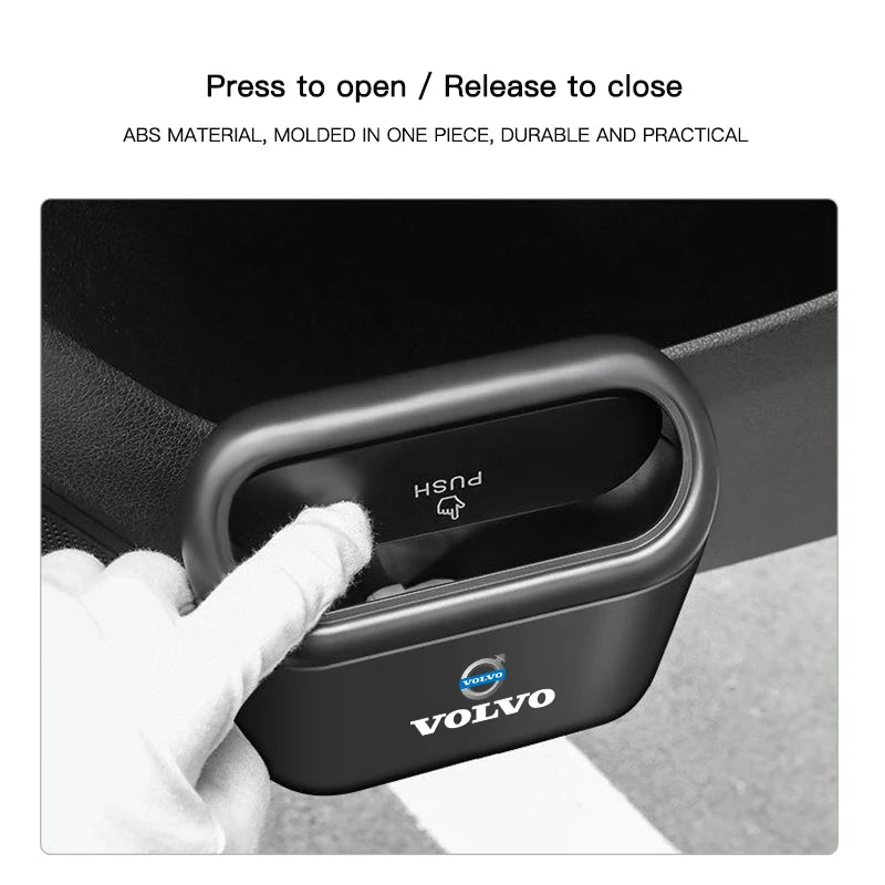 Car Trash Can Garbage Bin Storage Box Interior for Volvo Models | Black ABS close-up view