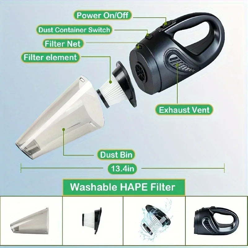 12V Rechargeable Car Vacuum - Portable Handheld Cleaner with Washable Filter for Auto Use