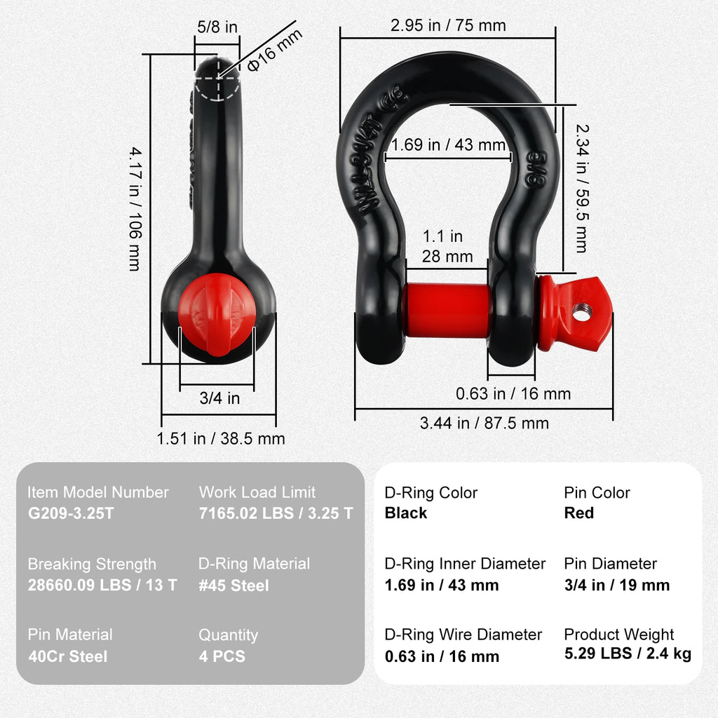 SucceBuy 4pcs 5/8" D-Ring Shackle 8T 13T Breaking Strength Tow Hook with 3/4" Screw Pin for Truck Off Road Towing Accessories