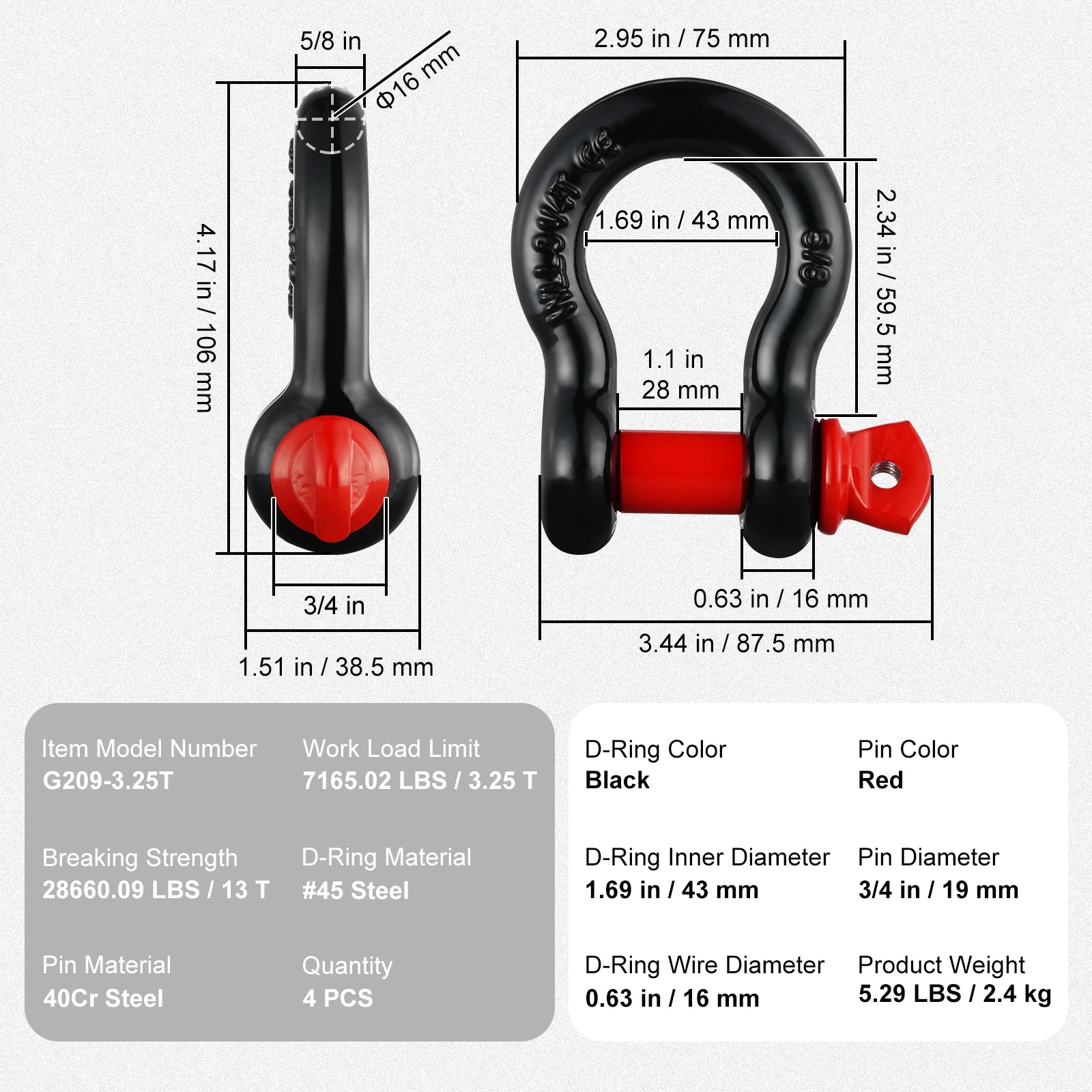 SucceBuy 4pcs 5/8" D-Ring Shackle 8T 13T Breaking Strength Tow Hook with 3/4" Screw Pin for Truck Off Road Towing Accessories