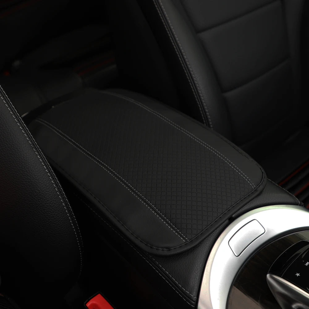 Color-Matched Double-Strand PU Leather Check-Pattern Embossed Car Armrest Pad Center Console Pad Car Decoration Item
