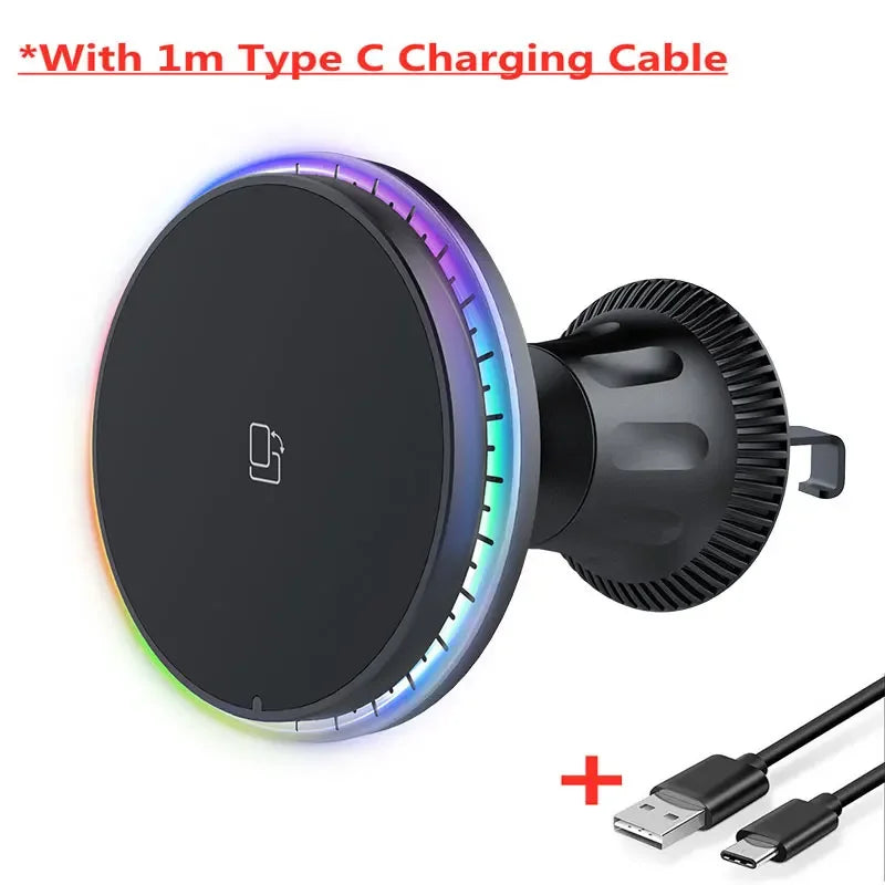 VIKEFON Magnetic Car Wireless Charger | LED/RGB Fast Charging Mount for iPhone 12-15 Pro detail view