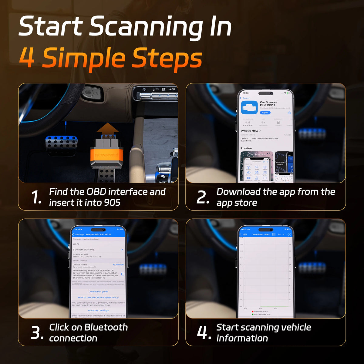 2025 KONNWEI KW905 OBD2 Bluetooth 5.0 ELM327 V1.5 Car Diagnostic Tool Engine Fault Co lifestyle view