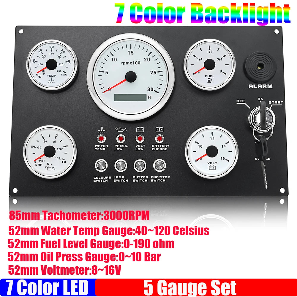 Engine Dash Instrument Panel 5 Gauge Set | 7 Color LED 85mm Tachometer for RV Boat Cu alternate view