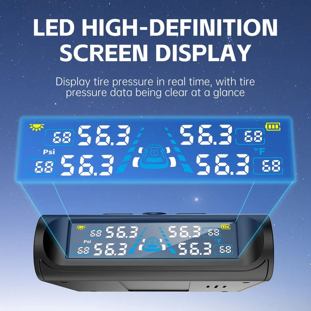 USB/Solar TPMS Temperature Monitor with 4 External Sensors | Digital LCD Tire Press additional angle