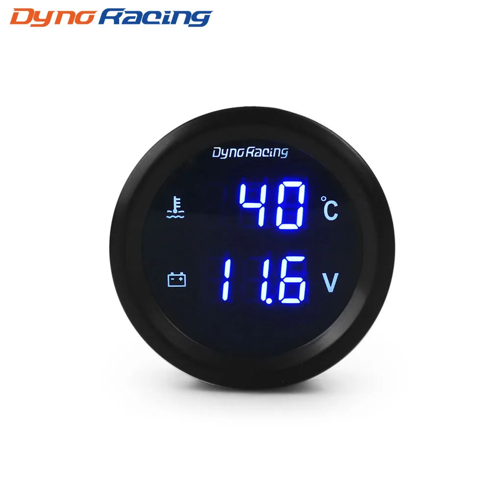 Dynoracing 2 inch 52mm 2 in 1 Digital Water Temp Gauge and Voltmeter | Blue LED Car Gauge with Senso
