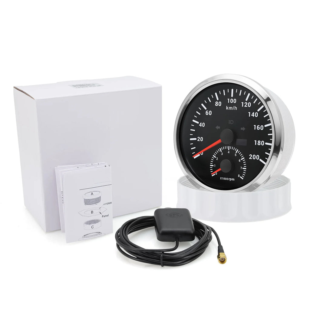 2 IN 1 110mm Gauge 120KMH,200KMH GPS Speedometer Gauge+Tachometer 0~8000RPM Turn Light with GPS antenna Mileage Car Boat Custom