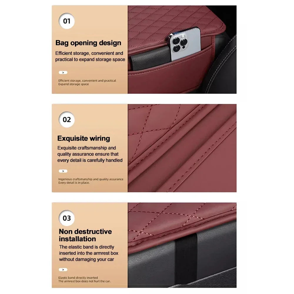 Car Armrest Cover Pad with Storage Bag Leather Anti-Slip Center Console Armrest Protector Cushion with Pocket