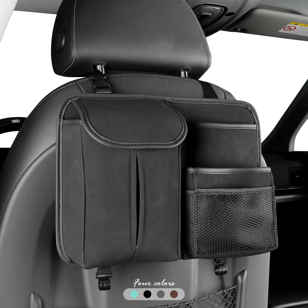 Car Backseat Organizer with Tissue Box – Multi-Pocket PU Leather Hanging Storage for Universal Vehic