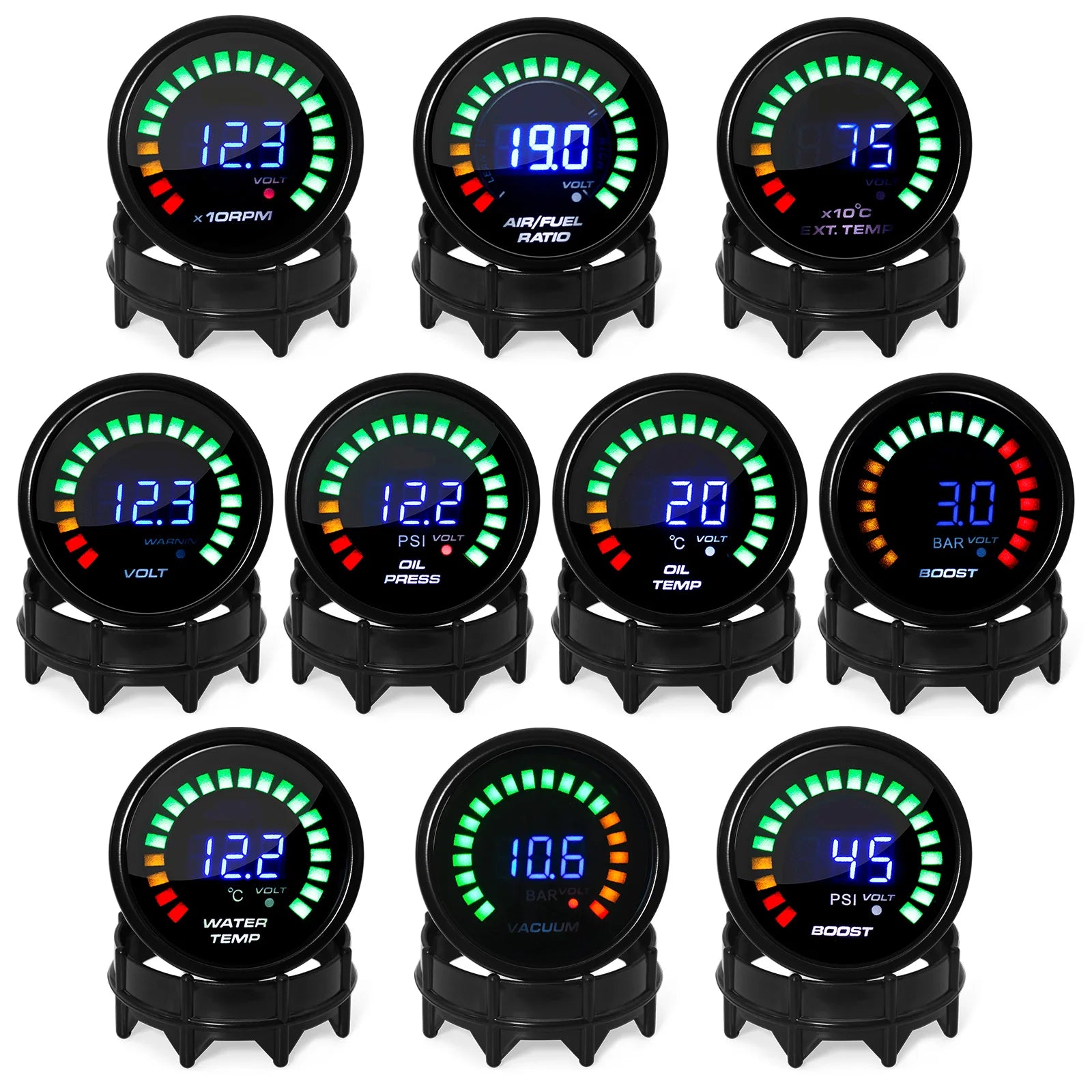 52mm 2 Inch Digital Car Gauge Set | Tachometer Boost Vacuum Water Oil Temp Pressure Voltmeter AFR EG