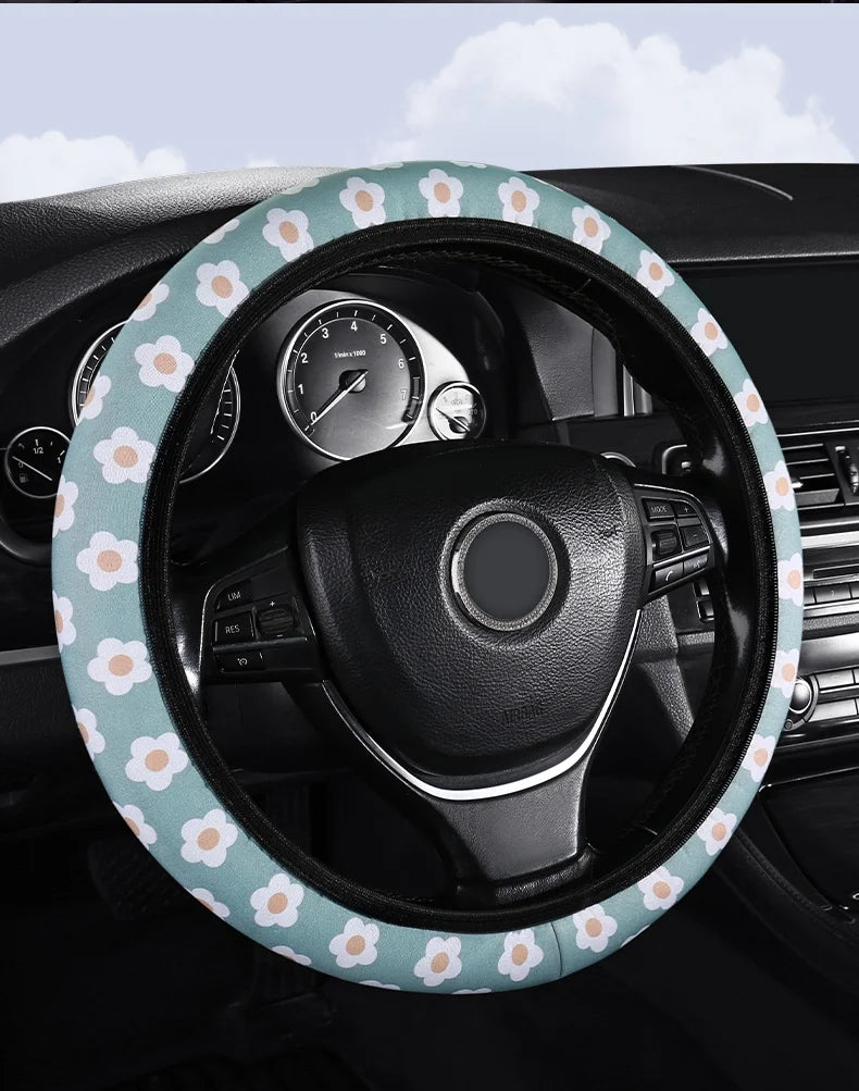 Flannelette Steering Wheel Cover Floral Print Anti-Slip alternate view