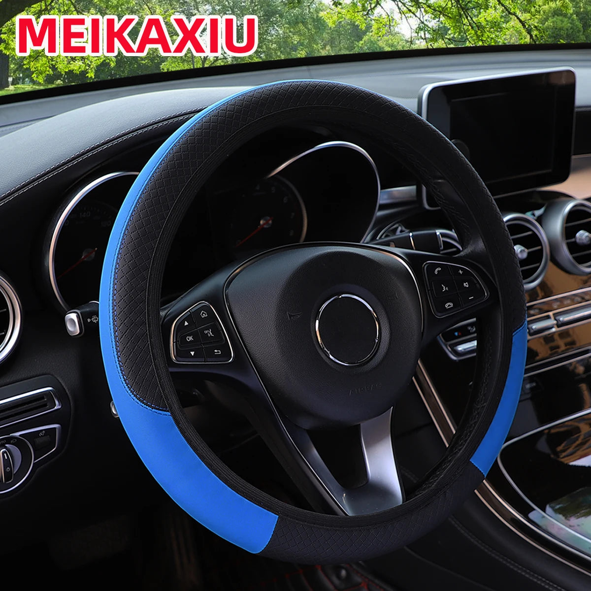 PU leather checkered embossed multi-color car rimless steering wheel cover suitable for detail view
