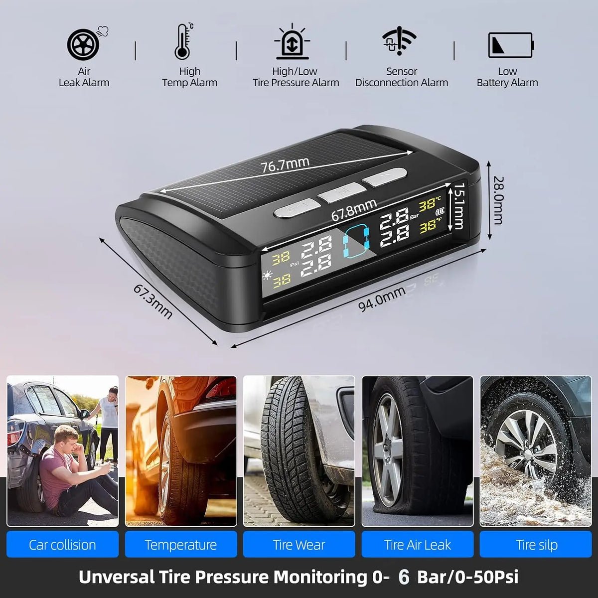 Tire Pressure Monitoring System, Universal Wireless TPMS with Solar And USB Charging, 5 Alarm Modes, Real-Time Monitoring of Pressure And Temperature, Auto And Color Display Screens, Suitable for 4-Wheeled Vehicles