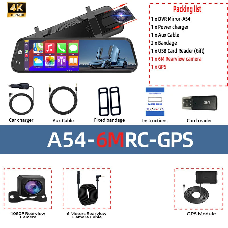 9.66" 4K Mirror Dash Cam | Android Auto, 5G WiFi, GPS, 1080P Rear, 24H Parking close-up view