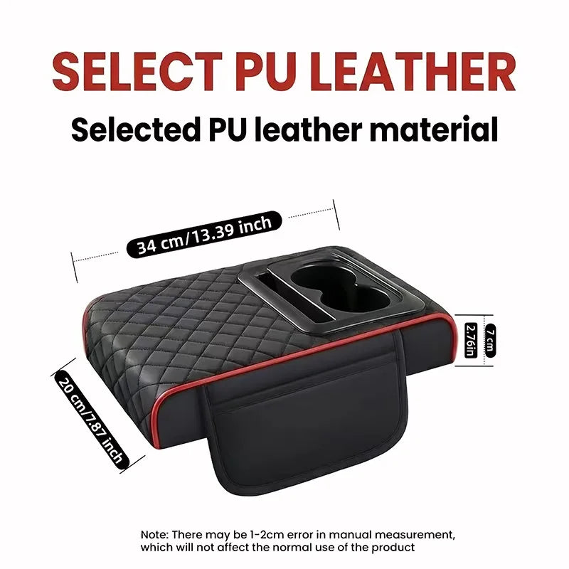 PU Leather Car Center Console Armrest Pad with Dual Pockets, Removable ABS Dual Cup Holder, 20 cm / 7.87 in. Wide