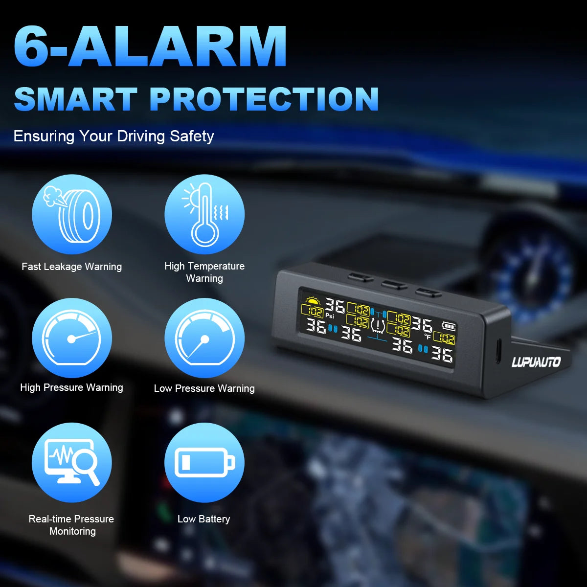 T20 USB/Solar Charging TPMS Car Tyre Monitor with 4 or 6 External Temperature Sensors Digital LCD Display 0-9.9Bar Tire Pressure Gauge Universal Smart 433.92MHz Auto Security Alarm