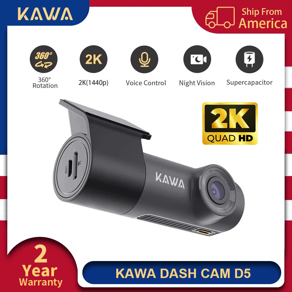 KAWA Dash Cam D5 2K Voice Control 24H Parking Guard 360° Rotation WiFi APP Monitor WDR G-Sensor Emergency Recording Supercapacitor Easy Install Car DVR