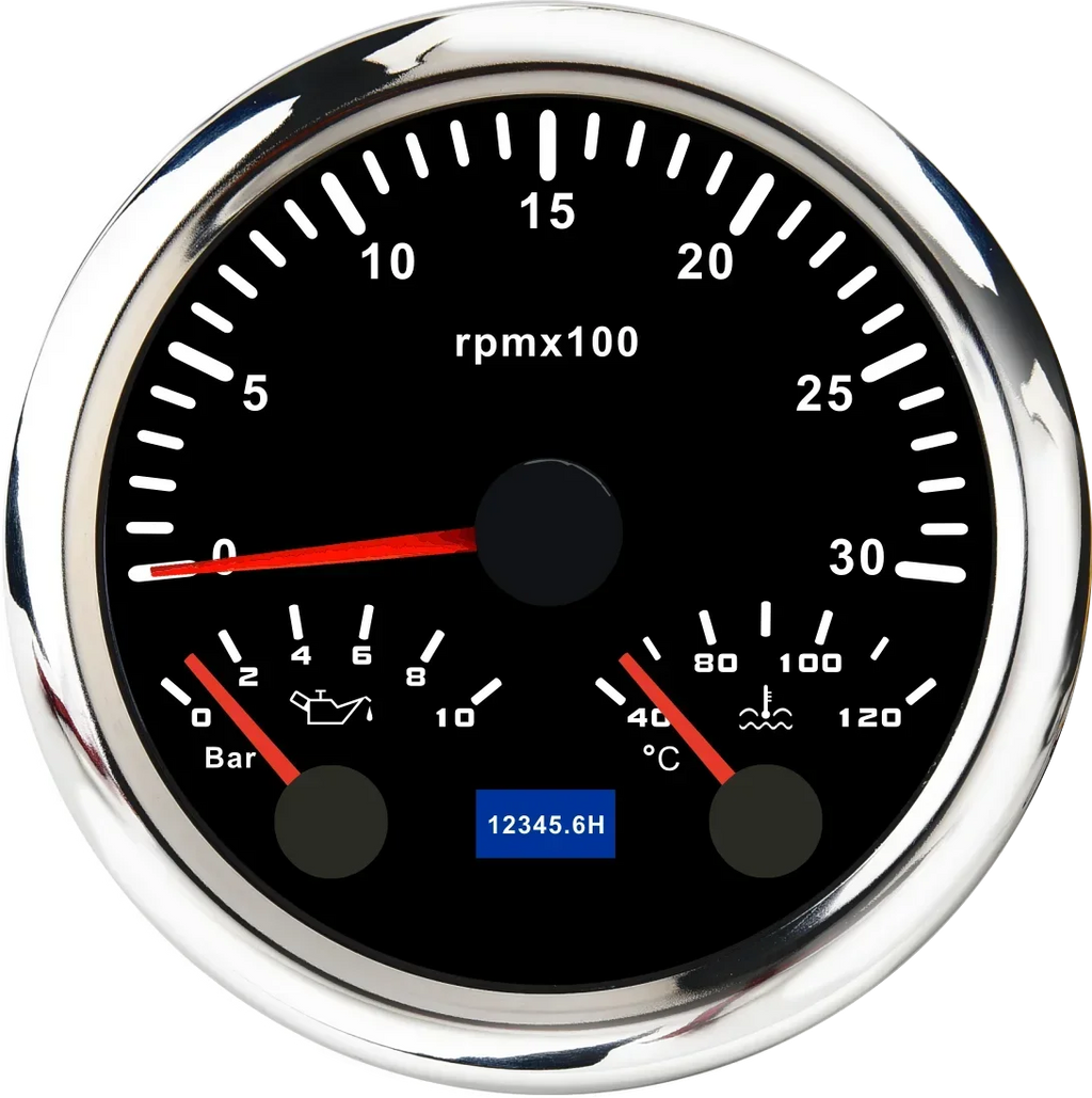 MH 85mm 3-in-1 Gauge Tachometer Water Temp Oil Pressure | 12V Car Boat 8000RPM 7 Color close-up view