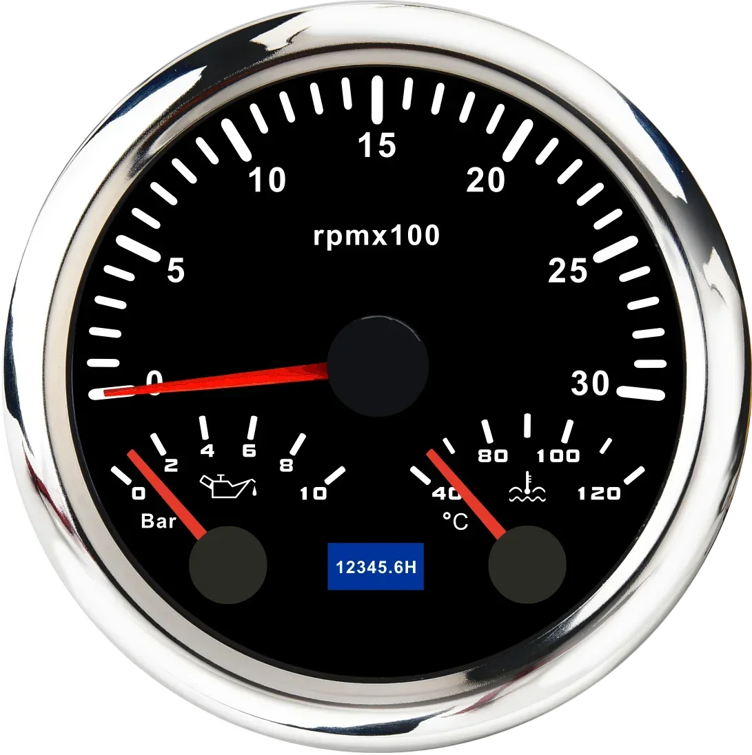 MH 85mm 3-in-1 Gauge Tachometer Water Temp Oil Pressure | 12V Car Boat 8000RPM 7 Color close-up view