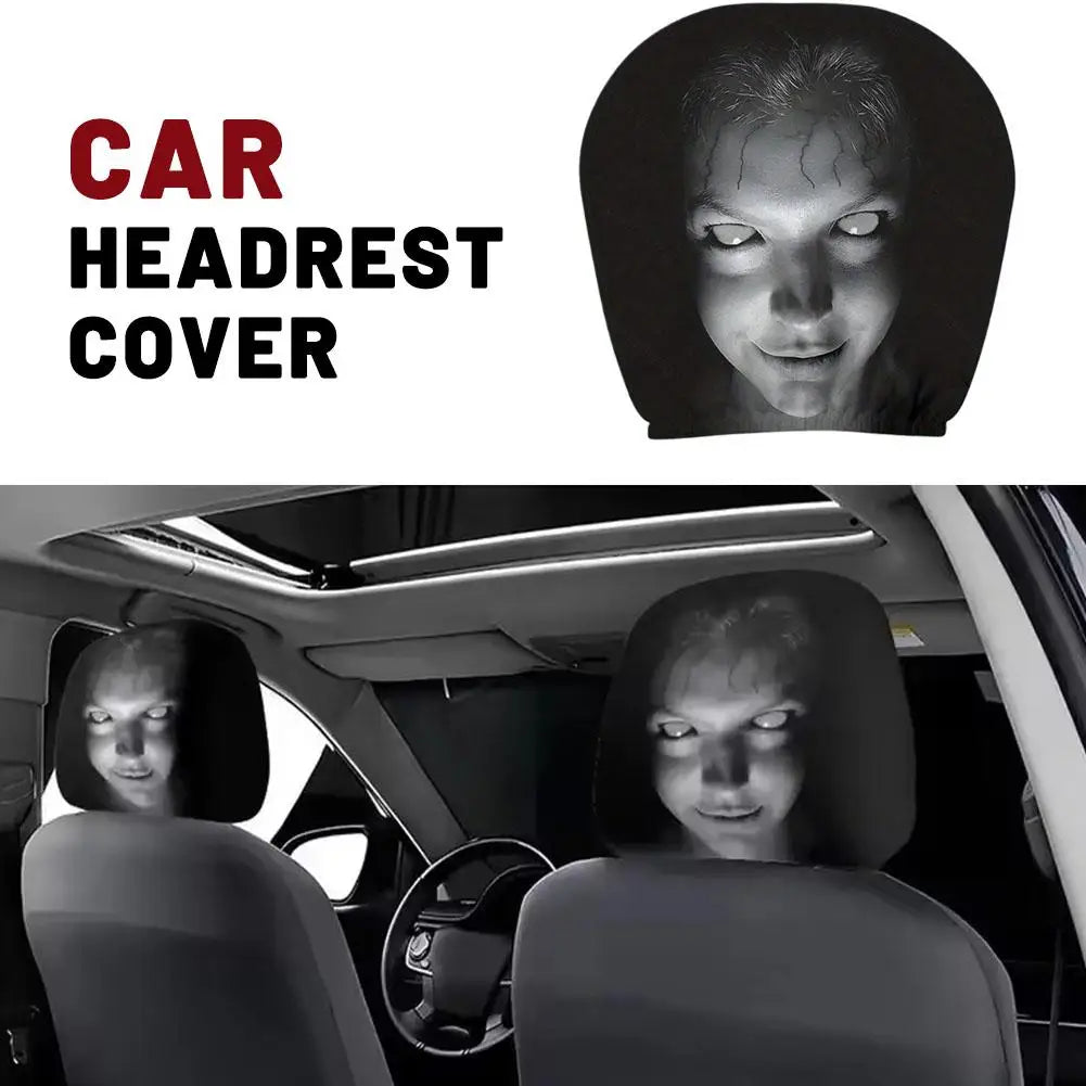 Car Headrest Covers Universal Elastic Fit Horror Theme Skull Design Funny Playful All close-up view