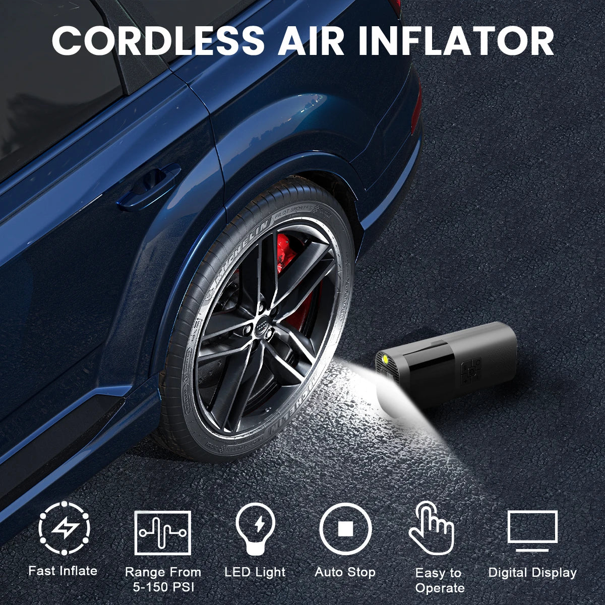 Cordless Car Air Pump | Portable Tire Inflator with LED Light and Power Bank additional angle