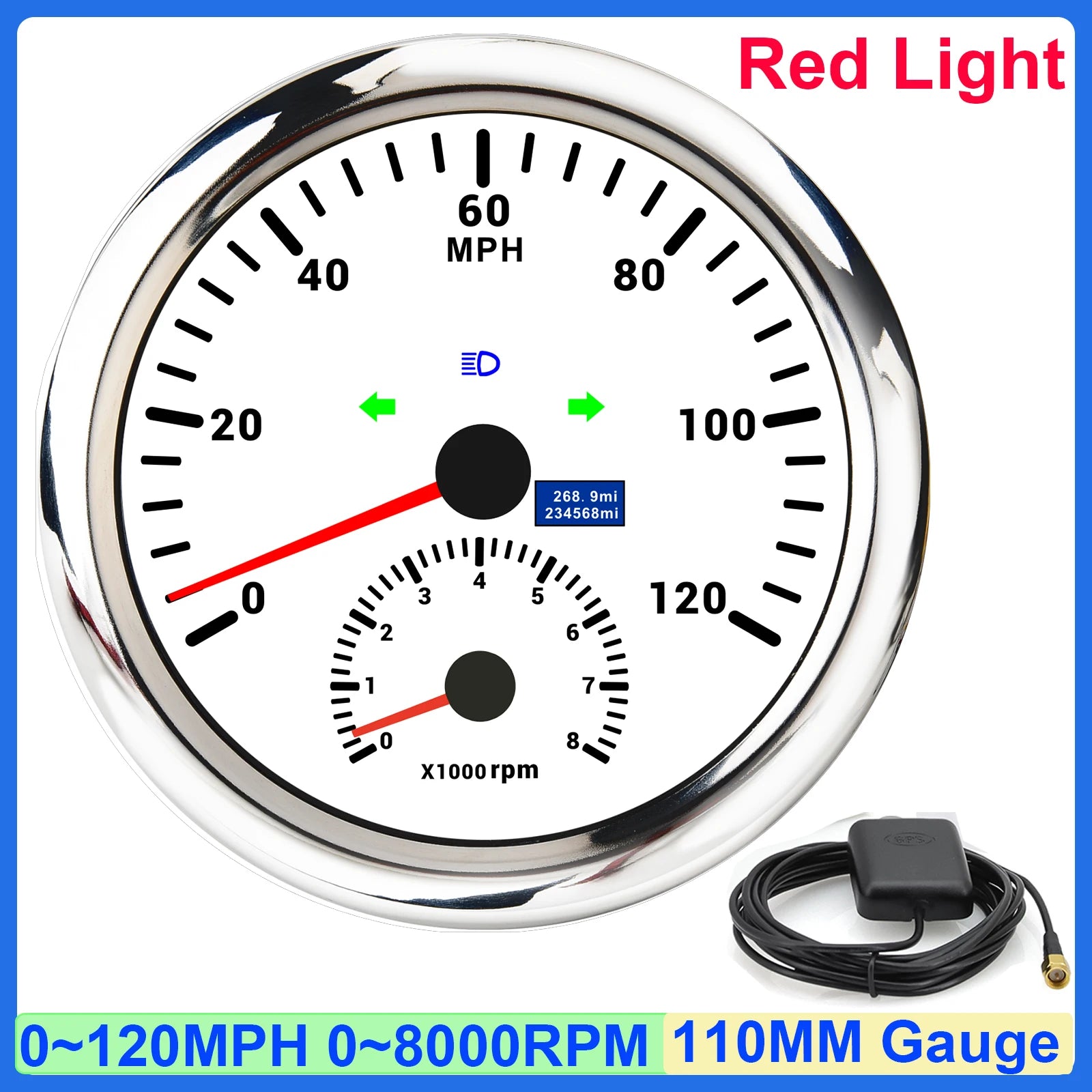 GPS Speedometer and Tachometer Combo | 2 in 1 110mm Gauge with GPS Antenna detail view