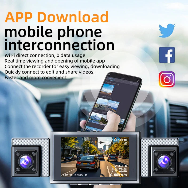 4K 360° 4-Channel Dash Cam with 5.8GHz WiFi & GPS | 4K Front+1080P Left/Right/Rear, 3" IPS Screen, Night Vision, Loop Recording