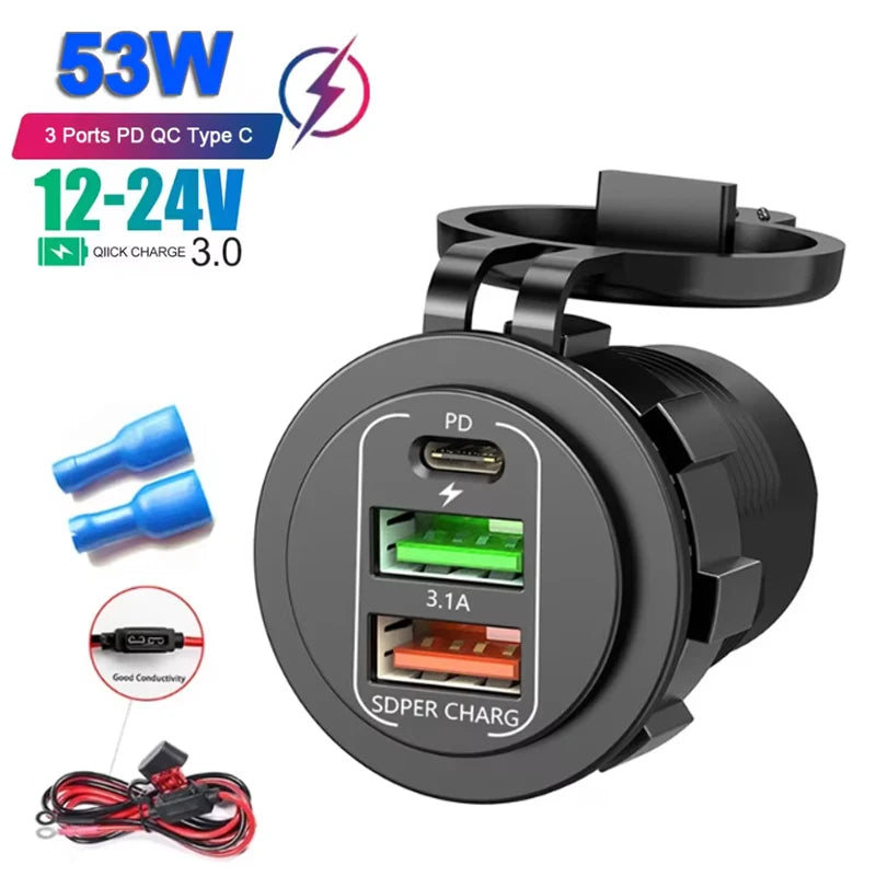 New Car USB Charger PD3.0 & QC3.0 Fast Charging Socket with Voltmeter On/Off Switch additional angle