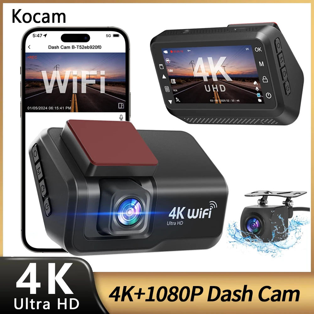4K UHD Dash Cam with WiFi | Front & Rear Dual Lens, Night Vision, 24H Parking Monitor