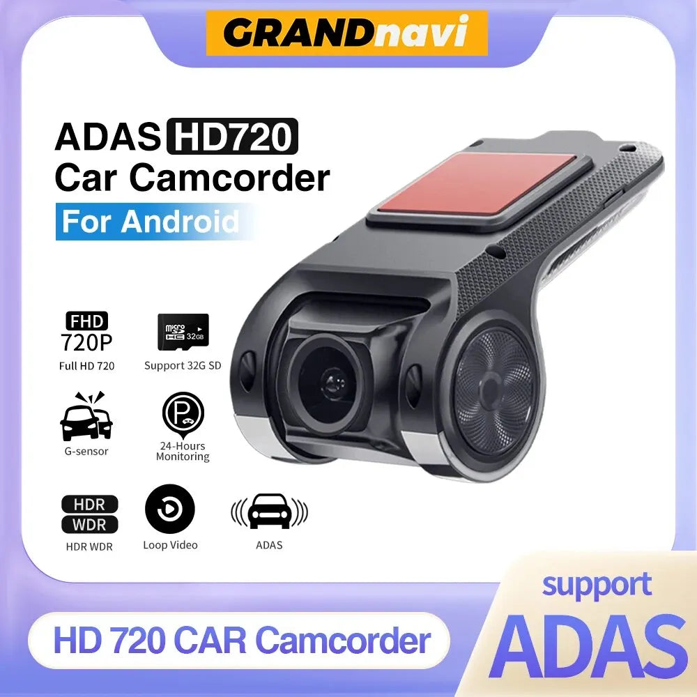 Grandnavi HD Car DVR Dash Cam ADAS | 720P USB Voice Alarm for Android Car Radio