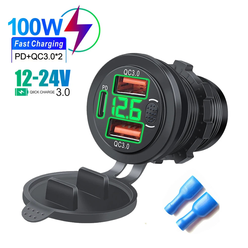 Three Ports Car Charger PD Dual QC3.0 USB Charger Socket with With Digital Voltmeter Button Switch 12V/24V for Motorcycle Car