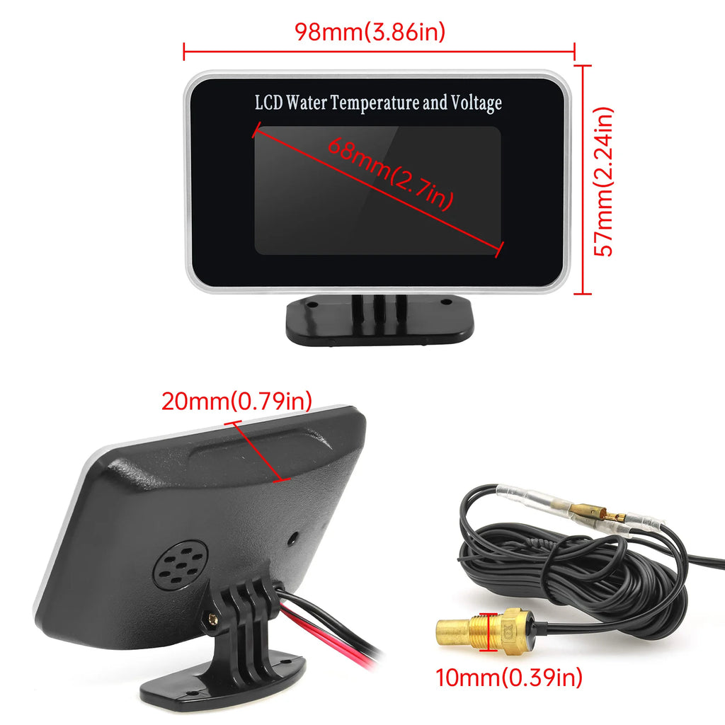 HD Car LCD Water Temperature Meter Thermometer Voltmeter Gauge 2in1 Temp&Voltage Meter 10mm Sensor 26~40mm Adapter(Option)12V/24