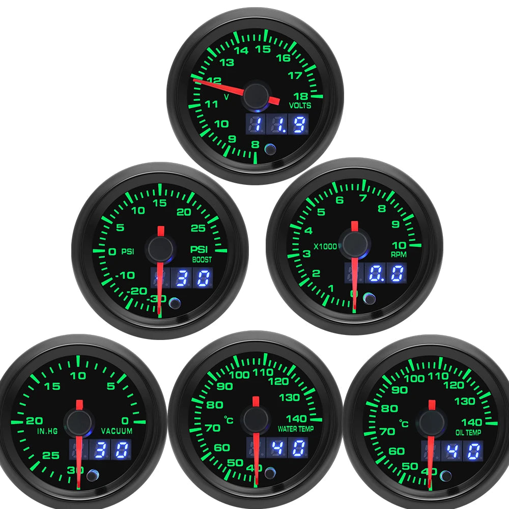 52MM 7-in-1 Car Gauge Set | LED Dual Display with Sensors for 12V Gasoline Vehicles
