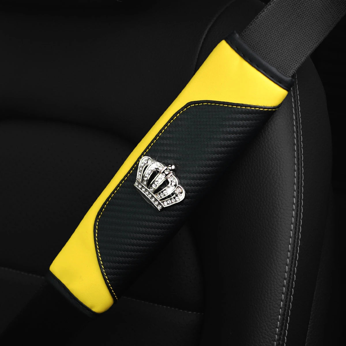 Diamond-Encrusted PU Carbon Fiber Leather Crown Car Shoulder Guard Safety Belt Decora lifestyle view