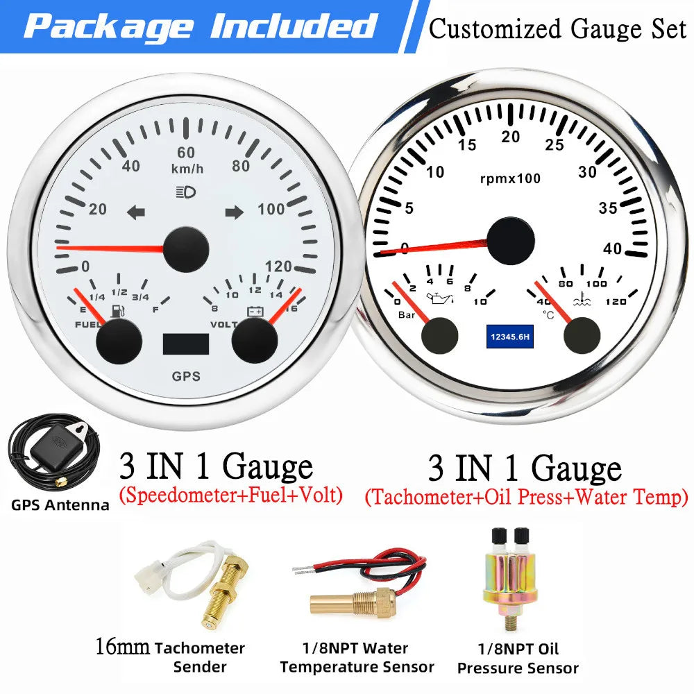 Custom 2 Gauges Set With Sensors Kit | 85mm 3-in-1 GPS Speedometer, Fuel, Tachometer, close-up view
