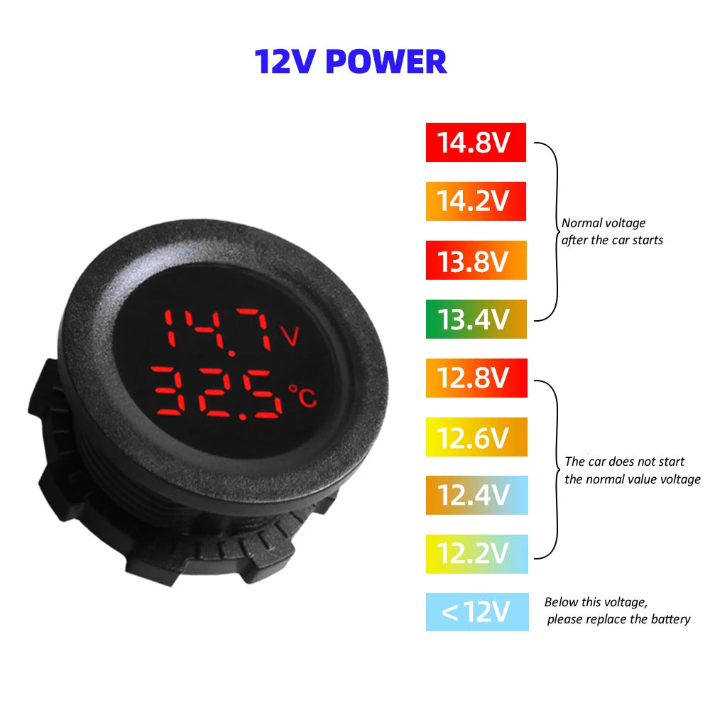 Car Round Temperature Voltmeter 12-24V Auto Voltage Meter Display Digital Measurement for Car Motorcycle Boat Thermometer T