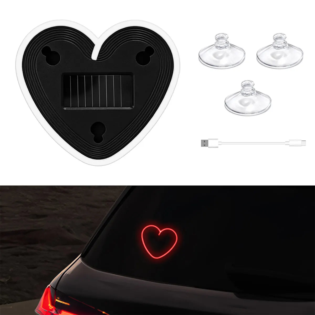 1pc Solar Powered Car Neon Light Striped Heart Lamp Led Ambient Light Wireless Suctio lifestyle view