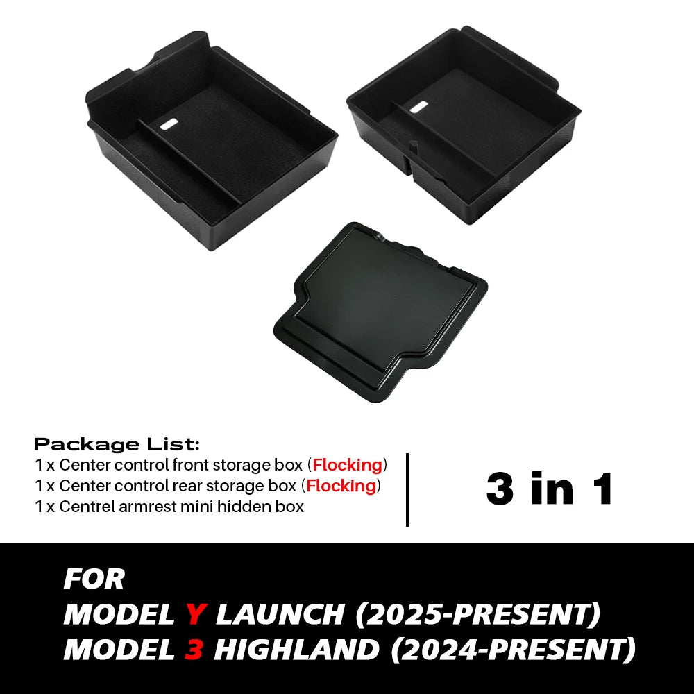 For Tesla New Model Y Juniper 2025 Launch Console & Armrest Upper and Lower Flocking Storage Box Watercup Holder Camera Cover