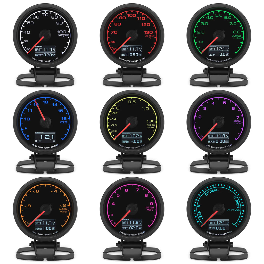7-color Backlight Display Gauge Boost Water Temp Oil Temp Oil Pressure Voltmeter RPM Tachometer Racing Meter With Sensor Bracket