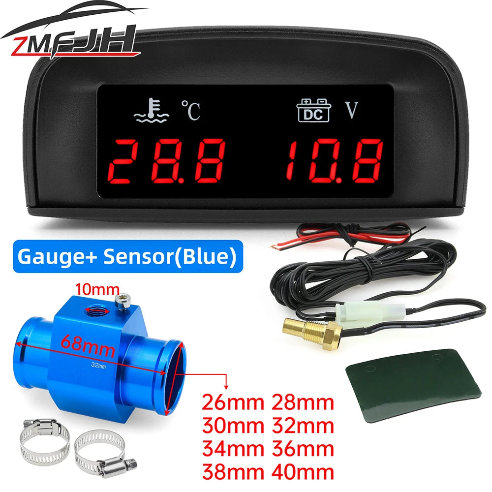 2 In 1 Car Water Temperature and Voltage Gauge | Digital LCD Display with 1/8 NPT Sensor Adapter
